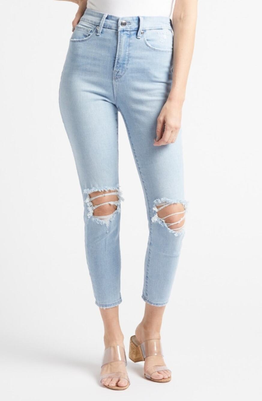 GOOD AMERICAN Good Waist Crop Skinny Jeans US 00 24 Light Blue Distressed NWT